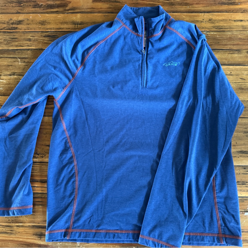 Orvis Blue Quarter-Zip Pullover with Orange Stitching